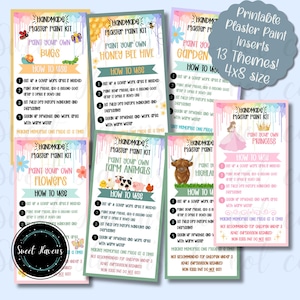 Può includere: Una collezione di schede di istruzioni stampabili per kit di pittura su gesso con vari temi come insetti, alveari, fiori, animali della fattoria e principesse. Ogni scheda include un elenco numerato di quattro passaggi e un'etichetta di formato 4x8.