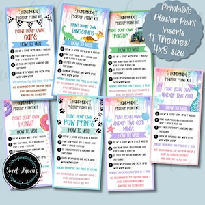 May include: A collection of seven rectangular printable plaster paint kit instruction cards featuring various themes like cars, dinosaurs, tractors, donuts, paw prints, and under the sea. Each card includes step-by-step instructions and safety warnings.