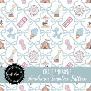 Puede incluir: Un patrón sin costuras dibujado a mano con elementos de circo, como una noria, una carpa de circo, una foca y un tiovivo, intercalados con lazos azul claro. El patrón incluye el texto "Circus and Bows Handdrawn Seamless Pattern".