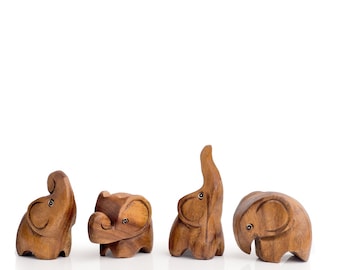 Hand Carved Wooden Elephant Ornaments - Set of 4 Thai Decor