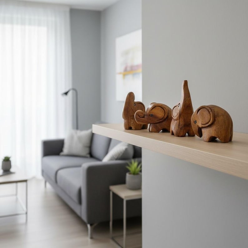 Hand Carved Wooden Elephant Ornaments - Set of 4 Thai Decor image 4