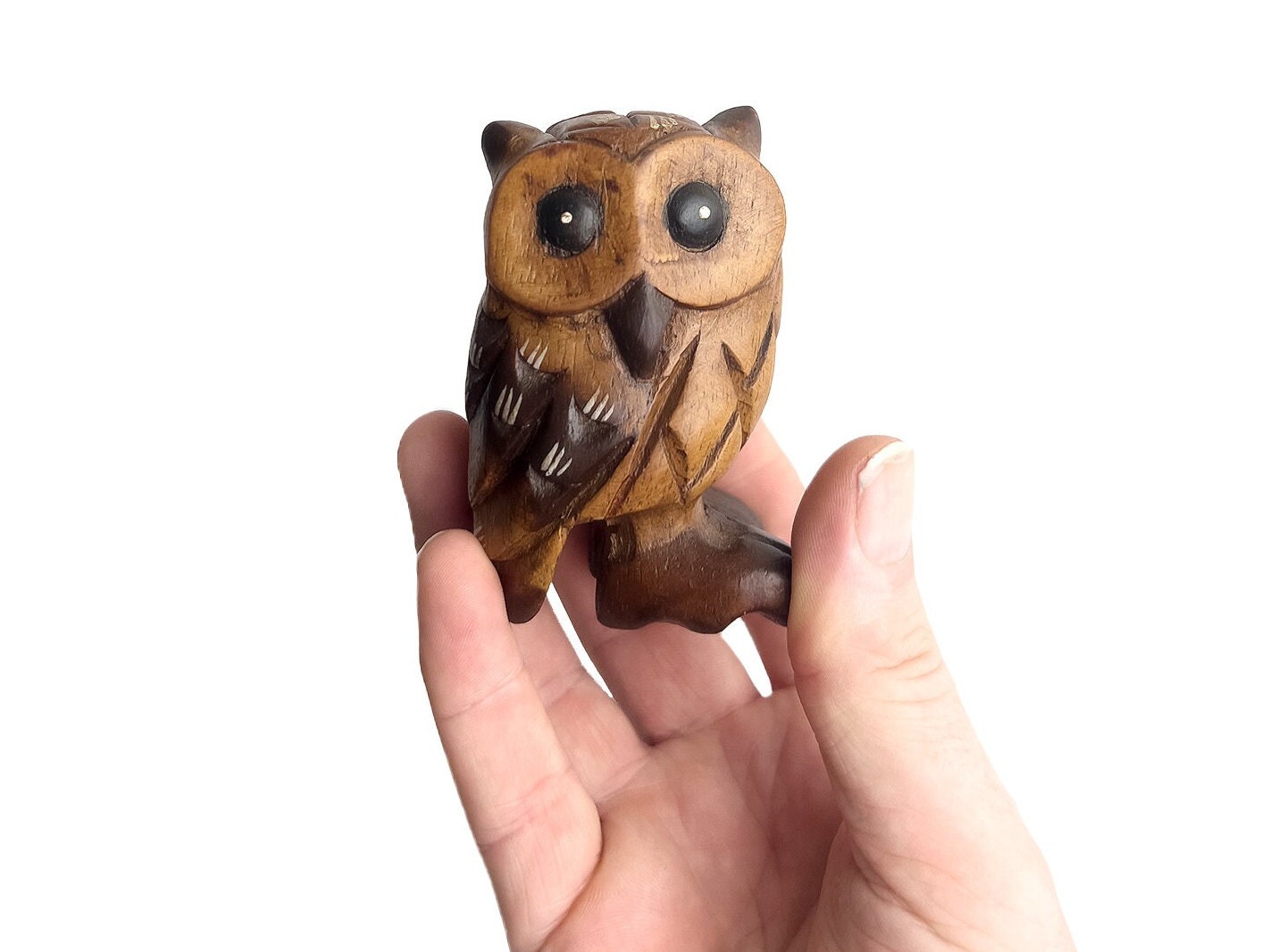Hand carved Wooden Owls' figurine ornaments - bird lovers gifts for the home.