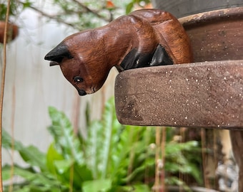 Hand Carved Wooden Cat Shelf Sitter, Thailand Sculpture