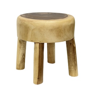 May include: A small wooden stool featuring a thick, circular seat with a dark brown centre and a lighter natural wood edge. The stool is supported by four sturdy, cylindrical legs made from the same light-toned wood, providing a stable base.