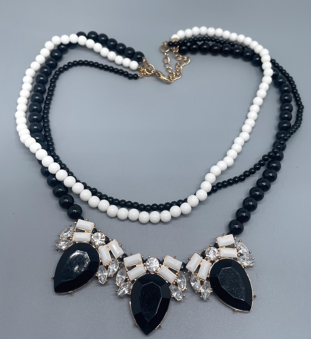 Green White Black and White Beaded Statement Necklace main image 1
