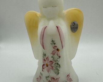 Signed Fenton Art Glass White Satin Angel - Hand-painted by S Miller
