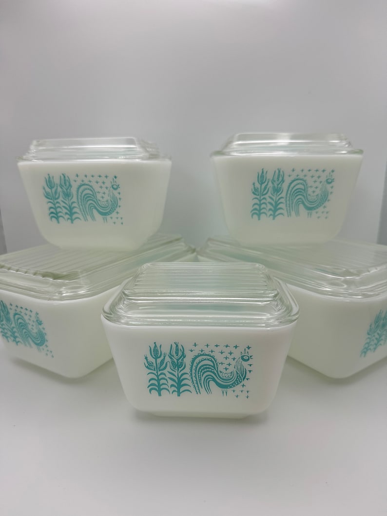Pyrex Amish Butterprint Rooster Refrigerator Dish Set of 5- Aqua ...