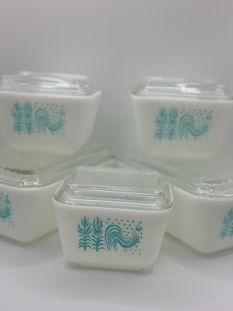 Pyrex Amish Butterprint Rooster Refrigerator Dish Set of 5- Aqua ...