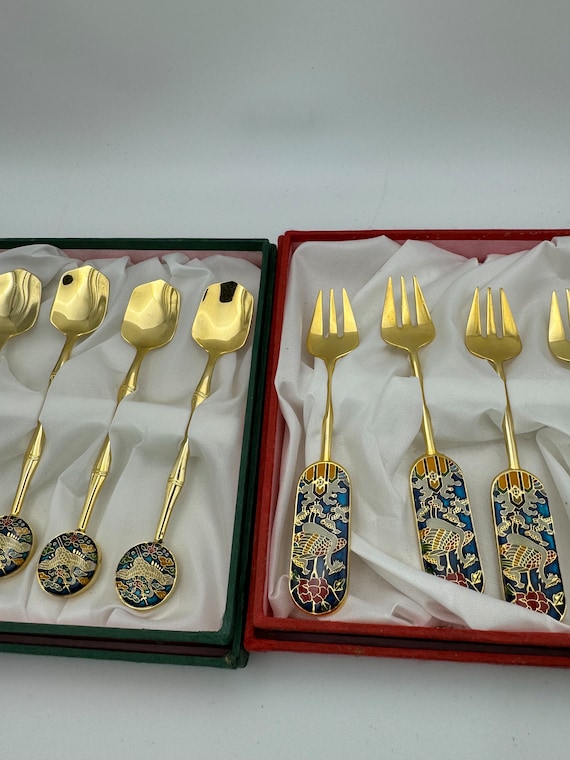 Decorative Korean Goldtone Cloisonné Fork Set and Spoon- 5 per Set