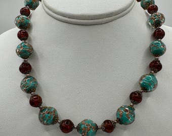 Venetian Murano Glass Lamp Work Aqua Green Round Bead Copper Brown Accents Beaded Necklace