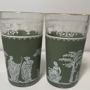 Set of 8 Vintage Ice Green Jeanette Jasperware Hellenic Pattern Juice Glasses (MCM)