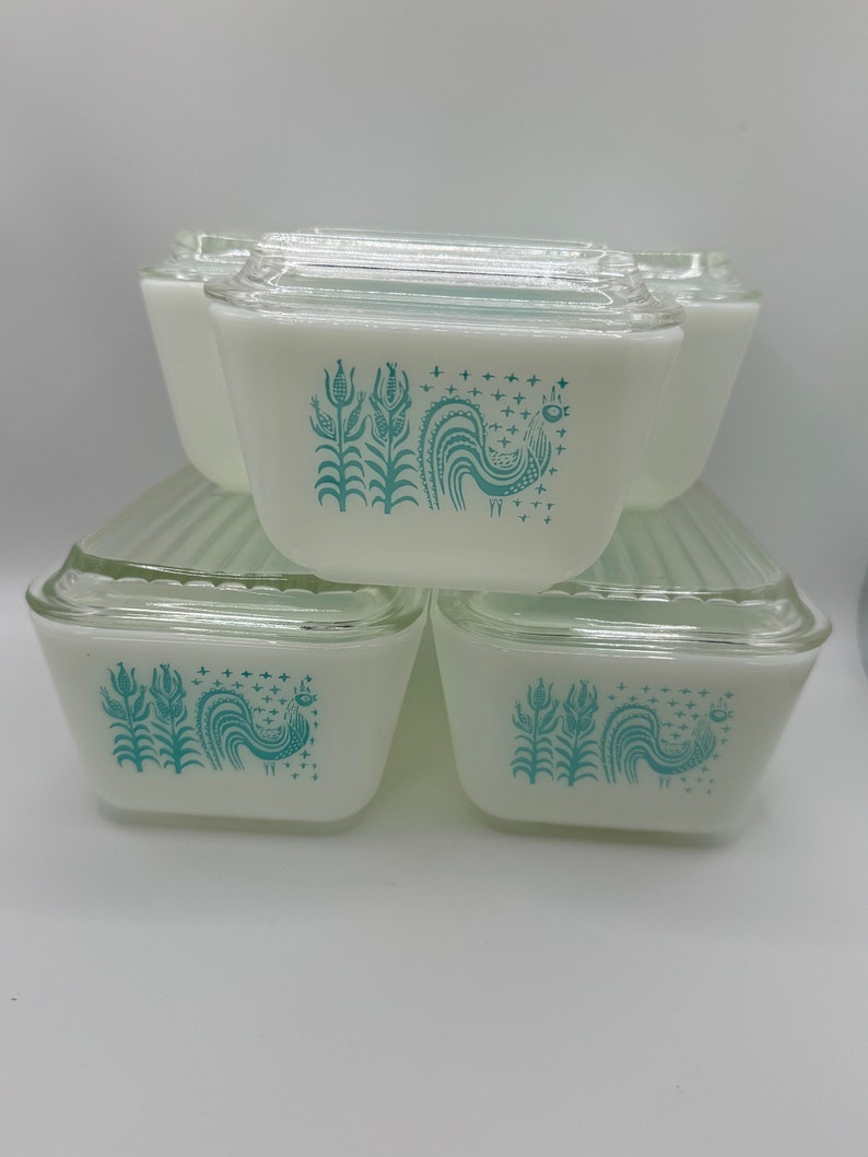 Pyrex Amish Butterprint Rooster Refrigerator Dish Set of 5- Aqua ...