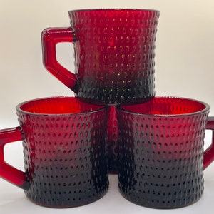 1950’s Ruby Red Amberina Glass 8 0z Coffee Cup Textured Structured Oval Hobnail Pattern