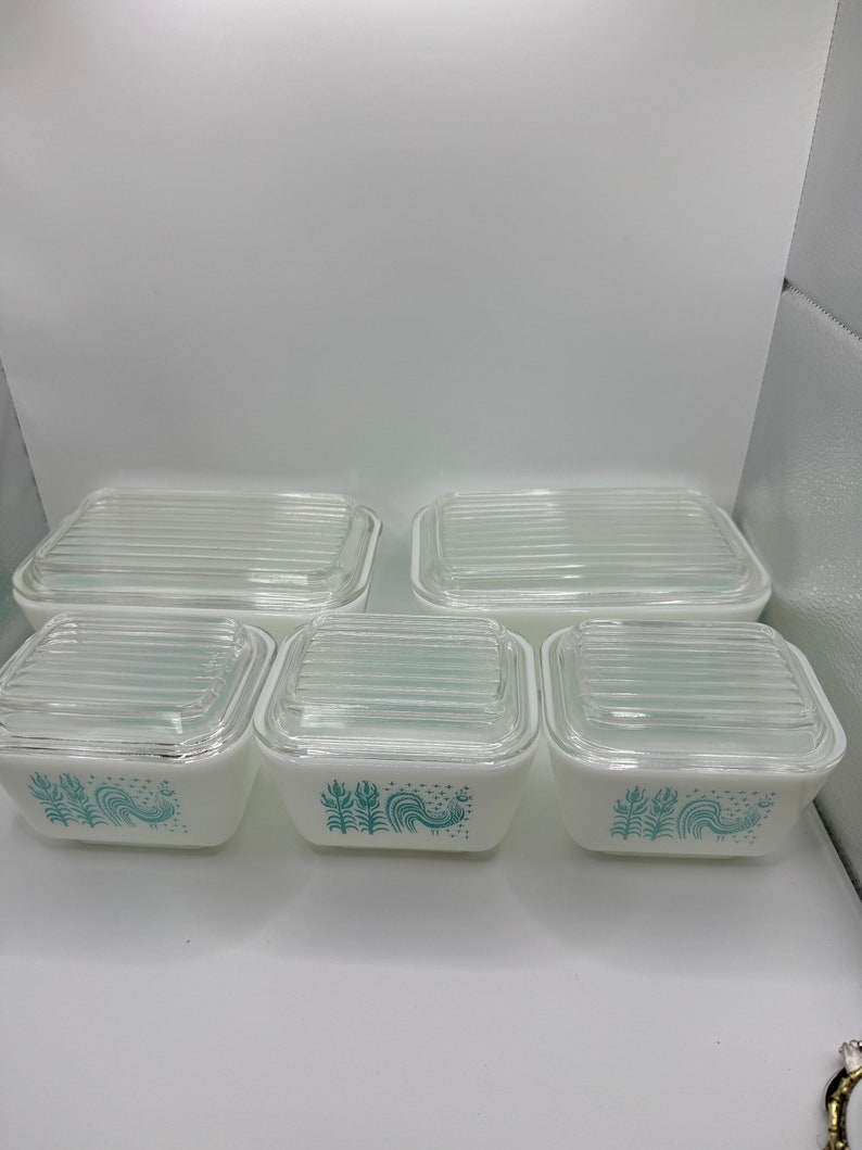 Pyrex Amish Butterprint Rooster Refrigerator Dish Set of 5- Aqua ...