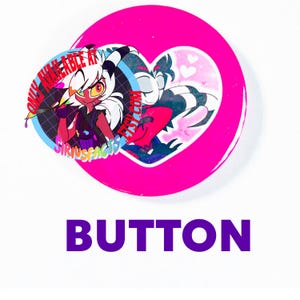 May include: A circular button featuring a bright pink background with a heart-shaped graphic containing two animated characters. The text "ONLY AVAILABLE AT SIRIUSFACTS.ETSY.COM" is printed in red and blue over the illustration of the characters.