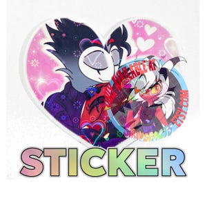 May include: A heart-shaped sticker featuring a stylized illustration of two animated characters with dark and light features against a pink background with white hearts. The word STICKER is printed in large, rainbow-colored block letters below.