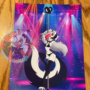 May include: A print featuring a cartoon character with white fur, black markings, and red accents, posing on a pole. The background is a stage with pink and blue lighting. The print has the text "ONLY HALLOWABLE ART" and "SIRUSFACS".