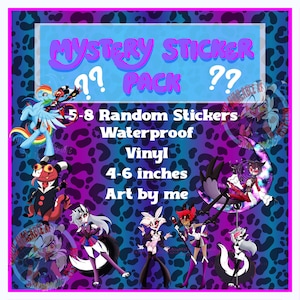 May include: A square sticker pack with a blue and purple leopard print background. The text reads "MYSTERY STICKER PACK" and "5-8 Random Stickers, Waterproof, Vinyl, 4-6 inches, Art by me." The image features cartoon characters.