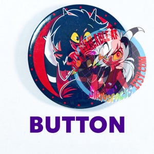 May include: A circular pin-back button featuring a dark-haired character with yellow eyes and a white-haired character with red eyes. The design includes red accents, a blue circular border, and the text SIRIUSFACTS.ETSY.COM overlaid in rainbow colors.