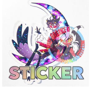 May include: A die-cut sticker featuring two animated characters against a crescent moon with a galaxy pattern. One character is tall and dark, the other is shorter with white hair. The text "ONLY AVAILABLE AT SIRIUSFACTS.ETSY.COM" and "STICKER" are visible.