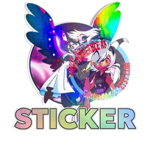 May include: A circular sticker featuring animated characters with wings and horns in a vibrant, colorful space-themed background. The text "ONLY AVAILABLE AT SIRIUSFACTS.ETSY.COM" is overlaid, and the word "STICKER" appears in large, rainbow-colored letters.