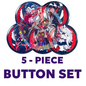 Op de afbeelding: Een vijfdelige buttonset bestaande uit ronde pins met illustraties van geanimeerde personages. Elke button toont kleurrijke tekenfilmfiguren tegen een donkere achtergrond met rode accenten. De tekst 5-PIECE BUTTON SET staat in paarse letters.