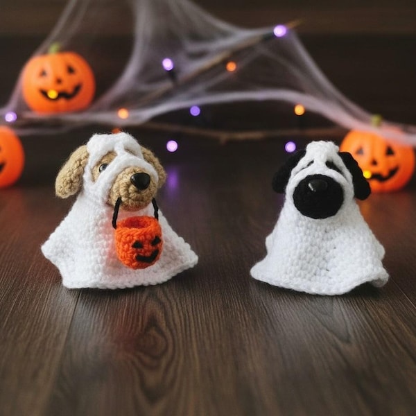 Patrón de ganchillo para juguete de Halloween: Perro fantasma, cachorro fantasma con calabaza, amigurumi en PDF, para amantes de los perros.