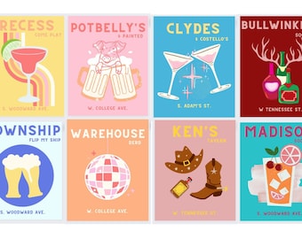 May include: A colorful illustration of eight different bar and restaurant logos. Each logo features a unique design and name, such as "Recess", "Potbelly's", "Clydes", "Bullwinkles", "Township", "Warehouse", "Ken's", and "Madison".