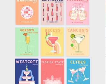 May include: Nine colorful square posters with illustrations and text. The posters advertise different businesses, including a warehouse, a brickhouse, a bar called Potbelly's, a Cuban restaurant called Gordo's, a bar called Recess, a sports bar called Cancun's, a fountain called Westcott, Florida State University, and a bar called Clyde's.