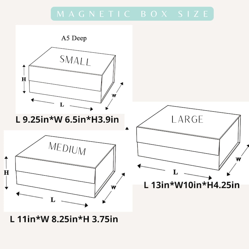 May include: Diagram showing three different sizes of magnetic gift boxes. The boxes are labeled "Small", "Medium", and "Large". The dimensions of each box are listed in inches.