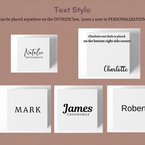 May include: Five white square boxes with black text. The text in the boxes reads "Natalie Bridesmaid", "Charlotte", "Mark", "James Groomman", and "Robert".