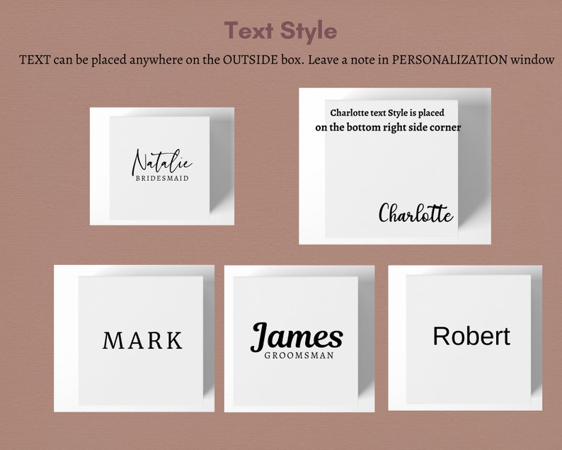 May include: Five white square boxes with black text. The text in the boxes reads "Natalie Bridesmaid", "Charlotte", "Mark", "James Groomman", and "Robert".