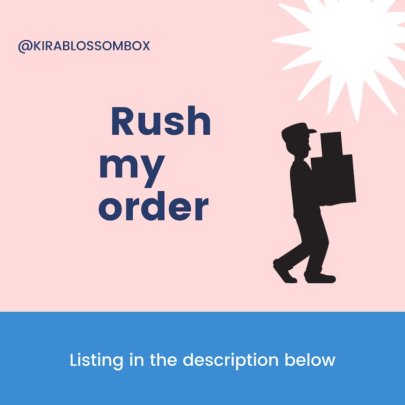 K&ouml;nnte beinhalten: Ein rosa Hintergrund mit dem Text "Rush my order" in Blau. Rechts im Bild ist eine Silhouette eines Zustelldienstes zu sehen, der Kartons tr&auml;gt. Der untere Teil des Bildes ist blau mit dem Text "Listing in the description below" in Wei&szlig;.