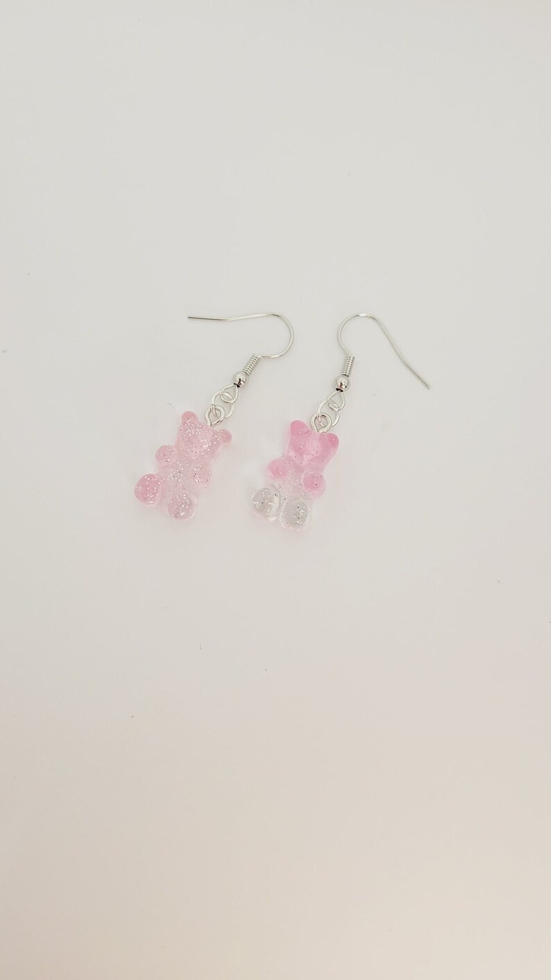 Cute Mini Gummy Bear Earrings & Necklace Set - Resin Bear Charms, Stainless Steel (Pink) - View #5
