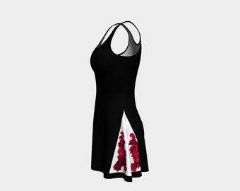 Flowers - Sleeveless Flare Dress - Black, White, Roses- handcrafted top quality made in Montreal Canada