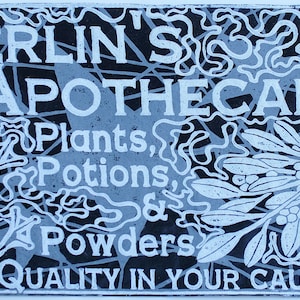Merlin&#39;s Apothecary, 24 x 36 hand made block print poster