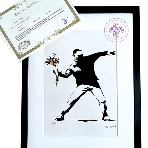 BANKSY - Love is in the air Flower Thrower - lithographie CERTIFICATE Original M Arts Edition Signed Numbered 250 Framed (Banksy Art, wall)