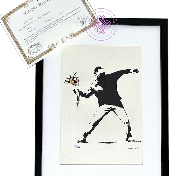 Banksy “love is in the air cream edition” Original M Arts Edition Lithograph Signed Numbered /150 FRAME INCLUDED wall streetart poster