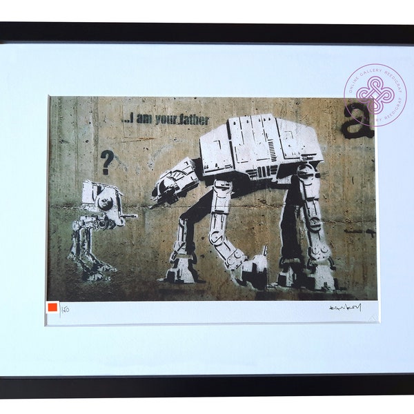 BANKSY – Ich bin dein Vater – Lithographie ZERTIFIKAT Original M Arts Edition, signiert, nummeriert 150, gerahmt (Banksy-Kunst, Wand, Star Wars, gehorchen)