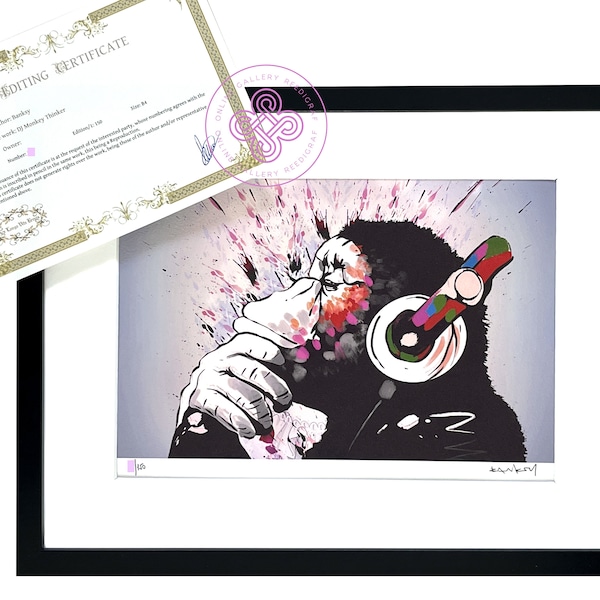 BANKSY - DJ Monkey - lithographie CERTIFICATE Original M Arts Edition Signed Numbered Framed (Banksy Art, Banksy wall Art, lithograph)