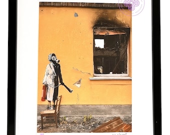 BANKSY lithographie signé Gas masked Women CERTIFICAT Original M Arts Edition Numérotée streetArt wall fille ballon dismaland deco ukraine