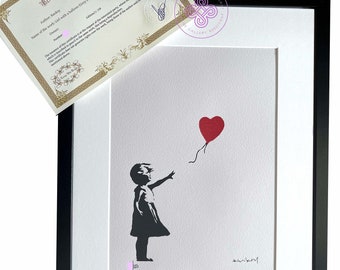 Banksy – Mädchen mit Ballon, graue Edition – Original M Arts Edition Lithographie, signiert und nummeriert /150, RAHMEN INKLUSIVE, Streetart-Poster und Wandkunst