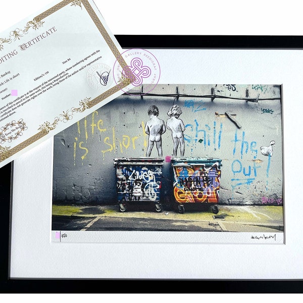 BANKSY lithographie signée Life is Short  CERTIFICAT Original M Arts Edition Numérotée street Art wall rat fille ballon dismaland moco