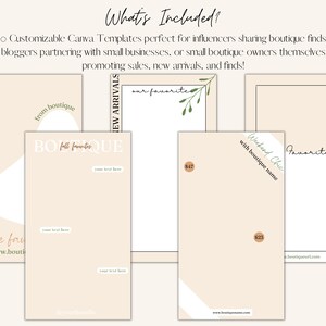 May include: Ten customizable Canva templates for social media featuring a beige background with white and green accents. The templates include text boxes for product descriptions, prices, and website addresses. The text includes "Boutique", "New Arrivals", "Our Favorite", "Weekend Chic", "Favorites", and "Sale For".