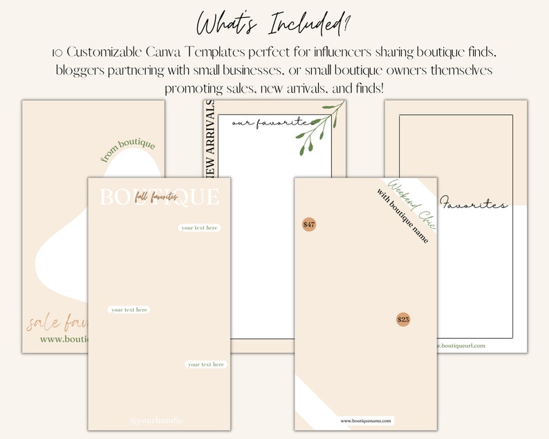 May include: Ten customizable Canva templates for social media featuring a beige background with white and green accents. The templates include text boxes for product descriptions, prices, and website addresses. The text includes "Boutique", "New Arrivals", "Our Favorite", "Weekend Chic", "Favorites", and "Sale For".