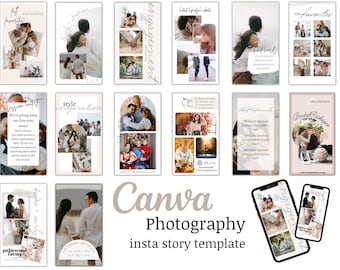 May include: A collection of Instagram story templates for photographers. The templates feature a variety of designs, including a fall-themed template with a photo of a baby, a template with a photo of a couple, and a template with a photo of a bride and groom. The templates also include text boxes for adding information about the photographer's services.