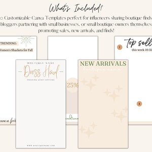 May include: Ten customizable Canva templates for social media marketing. The templates feature a light beige background with brown text and graphics. The text includes "Now Trending: Plaid Women's Shackets for Fall", "Boutique Name - Dress Haul - Wedding Guest Options", "New Arrivals", and "Top Sellers this week 10/21-10/28".