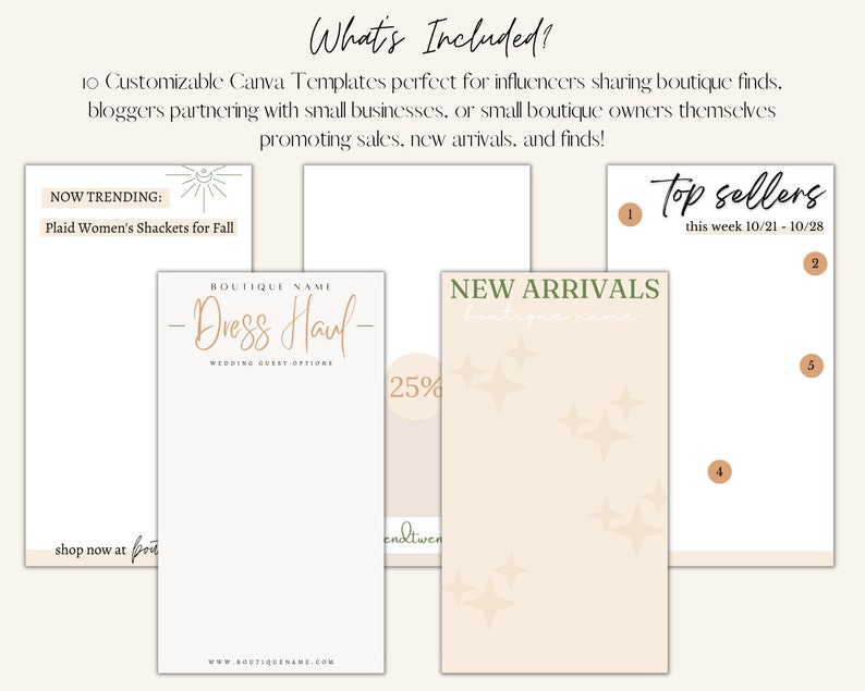 May include: Ten customizable Canva templates for social media marketing. The templates feature a light beige background with brown text and graphics. The text includes "Now Trending: Plaid Women's Shackets for Fall", "Boutique Name - Dress Haul - Wedding Guest Options", "New Arrivals", and "Top Sellers this week 10/21-10/28".