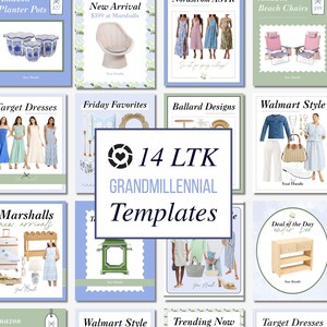 May include: A collage of 14 different social media templates for a lifestyle blog or online shop. The templates feature a variety of products, including dresses, planters, chairs, and home decor. The text "14 LTK GRANDMILLENNIAL Templates" is featured in the center of the collage.