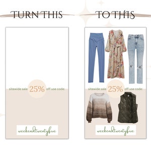 May include: A collage of clothing items, including a long-sleeved sweater, a vest, a pair of jeans, a pair of leggings, and a long floral dress. The text "sitewide sale 25% off use code: weckendtwentyfive" is displayed at the bottom of the image.